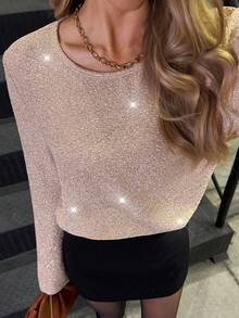 Elyressa Metallic Foil Textured Round Neck Flare Sleeve French Party Style Women T-Shirt - Dusty Pink - View 5