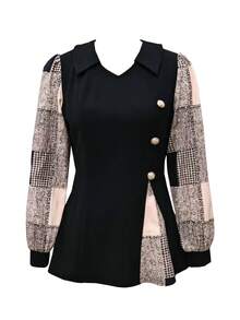 SHEIN 女士纯色纽扣拼接 V 领长袖休闲衬衫