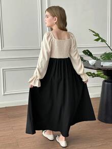 SHEIN Tween Girls' French Retro Palace Style Long Sleeve Elegant Dress,Black Floral,Autumn,Birthday,Gathered Rhinestone Square Neck Jacquard Modest Dress - Black - View 7