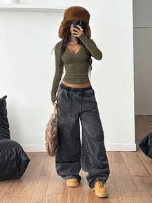 Coolane 女式秋冬街头服饰文艺复兴博览会基本款罗纹针织保暖/寒冷天气/保暖弹力长袖 V 领 T 恤