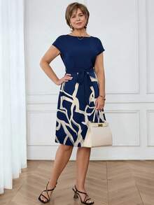 Medorina 女士休闲印花拼接连衣裙，适合夏季，商务休闲女装，春夏休闲穿搭 - 藍色 - 查看 6