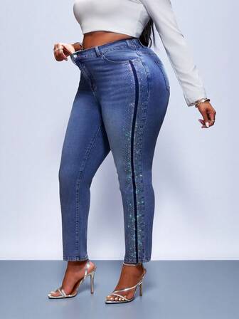 Truni Plus Size Women's Slim Fit Stretch Denim Jeans, With Rhinestone And Pocket Details, Blue Denim Pants, Elastic Waist Jeans