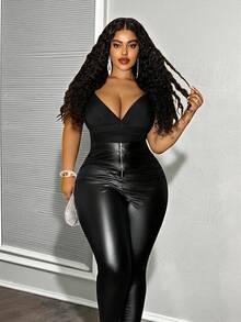 Slaydiva 2025 秋冬新品 Y2K 复古优雅精致基本款日常鸡尾酒会假日通勤大码奢华派对纯色紧身 PU 黑色大码裤子，侧褶前拉链紧身裤 - 黑色 - 查看 13