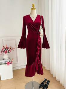 SHEIN LUNE Váy midi thanh lịch bằng vải nhung và chiffon chắp vá dành cho nữ - Màu Đỏ Sâu - Xem 6
