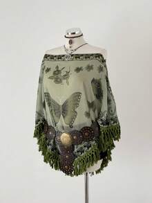 Sunspun 优雅度假风波西米亚风雪纺褶皱扎染印花拼接流苏边披肩上衣，春夏秋季 - 彩色 - 查看 4