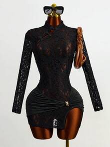 Mistrie This Is A New Style, Sexy, Sleeveless, Slanted Front-Opening Design Mini Chinese-Style Dress With A Short Skirt. It Is A Simple, Gothic-Style Sexy Dress With A Vest-Like Neckline, Made Of Lace Fabric With Openwork And Pleated Designs. - Black - View 1