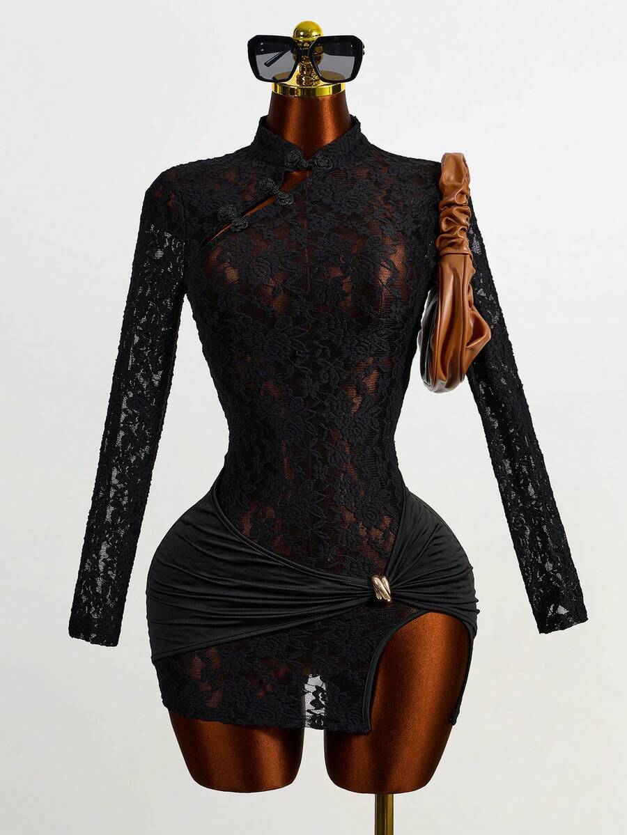 Mistrie This Is A New Style, Sexy, Sleeveless, Slanted Front-Opening Design Mini Chinese-Style Dress With A Short Skirt. It Is A Simple, Gothic-Style Sexy Dress With A Vest-Like Neckline, Made Of Lace Fabric With Openwork And Pleated Designs. - Black - View 1