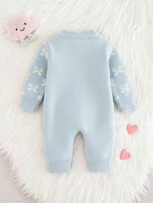 SHEIN Newborn Baby Girl Cute Heart Pattern Pink Long Sleeve Knitted Romper, Autumn/Winter  Fashion