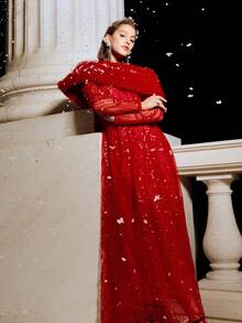 MOTF Soiréza 优雅亮片串珠花卉刺绣连衣裙，配可拆卸人造毛皮披肩，正式晚礼服 - 紅色 - 查看 11