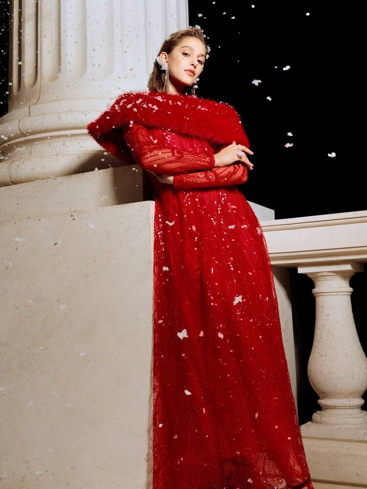 MOTF Soiréza ROBE BRODÉE FLORALE AVEC SEQUINS ET PERLES ÉLÉGANTE, AVEC CHÂLE AMOVIBLE EN FAUSSE FOURRURE, ROBE DE SOIRÉE FORMELLE