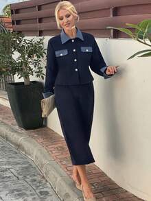 Vivie Lora Women's Elegant Commuter Jacket And Denim Skirt Set - Navy Blue - View 4