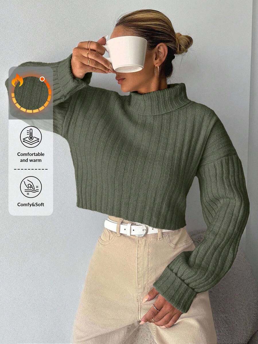 SHEIN Maglione corto casual con collo alto in tinta unita, adatto per autunno/inverno, per donna