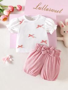 SHEIN Newborn Baby Girl Sweet White Bow Top And Pink Floral Shorts 2 Pieces Set - Pink - View 2