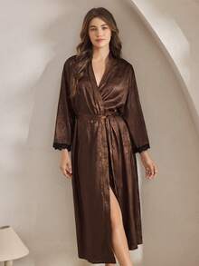 Ocili Satin Jacquard Simple Comfortable Draping Satin Paisley Cashew Flower Comfortable Robe With Slit, Women Sleepwear Robe, Winter - Khaki - View 8