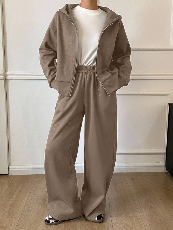 DAZY Conjunto de 2 piezas de sudadera con capucha informal y pantalones de pierna ancha para mujer, otoño