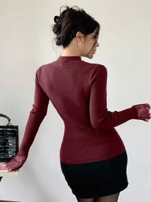 DAZY Women's Contrast Lace Hollow Out Fitted Long Sleeve Sweater, White, Spring/Autumn - Burgundy - View 2