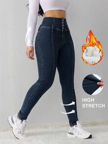SHEIN Tall Women's Jeans Blue High Waist Skinny Plus Fleece Jeans Tall Women's Jeans Winter Jeans Thermal Denim Teddy Denim Teddy Thermal Fuzzy Fleece Teddy Women Joggers Leggings Women Jeans Fleece Leggings Winter Women Clothes Thermal - Dark Wash - View 3