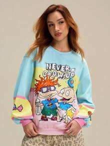 Nick 90s | SHEIN Sudadera casual de mujer con cuello redondo y hombros caídos, con estampado de dibujos animados, para otoño - Azul - Ver 1