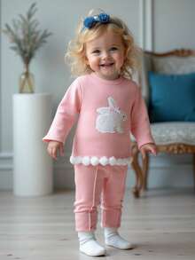 SHEIN Baby Girls' Casual Cute Rabbit Embroidery Fuzzy Hem Round Neck Long Sleeve Knit Top And Flare Leg Pants Set, Autumn/Winter - Pink - View 9