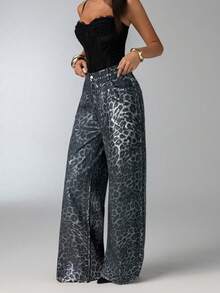 SHEIN Tall CURVE Quần jean ống rộng thời trang mùa thu, mùa thu, trở lại trường, tiệc Halloween, Giáng sinh, Y2K, dễ thương, phong cách đường phố, Goth, Grunge, Techno, tiệc sinh nhật, đi chơi, câu lạc bộ, sân bay, họa tiết da báo ánh kim, họa tiết động vật, quần jean ống rộng, họa tiết da báo đã giặt - màu đen - Xem 4