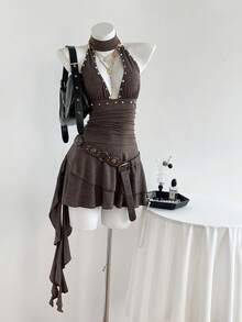 Elamini 性感复古极简V领荷叶边下摆收腰连衣裙