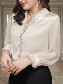 INAWLY 女式加大码蕾丝拼布荷叶边下摆优雅长袖衬衫 - 杏色 - 查看 1