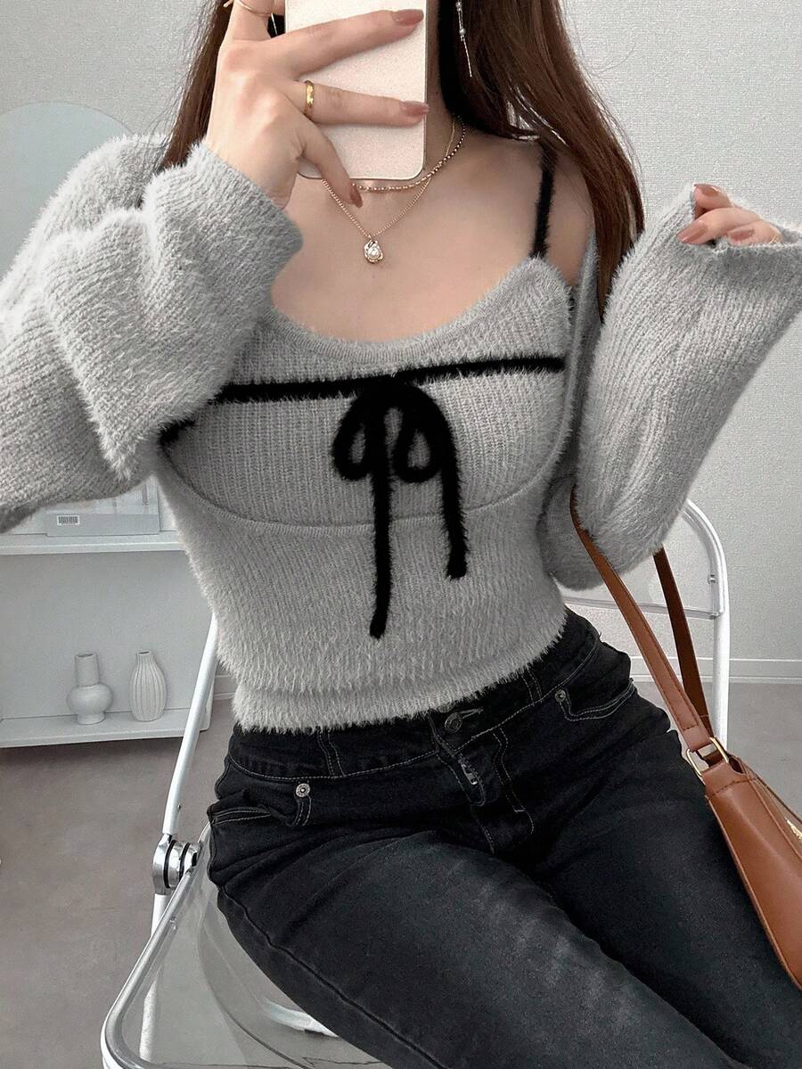 FRIFUL Women's Apricot Solid Color Inner Pocket Sleeveless Jacket, Long Sleeve Contrast Color Drawstring Bow Knit Sweater 2 Pieces Set, Autumn - Light Grey - View 1