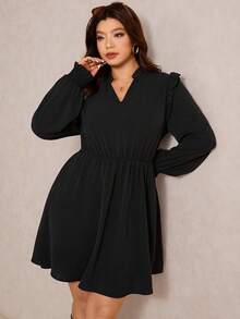 Elaquor Plus Size Elegant Minimalist Ruffle Patchwork Black Dress For Women, All Season - Black - View 5