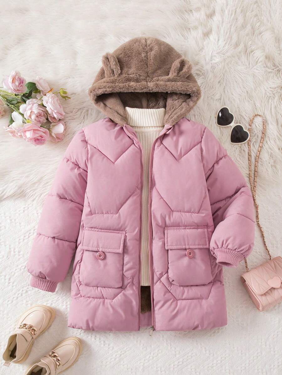 SHEIN Tween Girl Thickened Pants, Plush Hat With 3D Ear Decor, Cute Winter Jacket Fall - Baby Pink - View 1