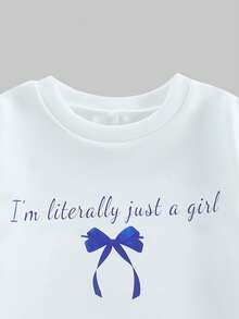 SHEIN ChillGRL 8-12岁女童可爱时尚休闲风白色圆领卫衣，粉色字母蝴蝶结印花，搭配粉色抽绳腰裤，两件套 - 藍色 - 查看 5