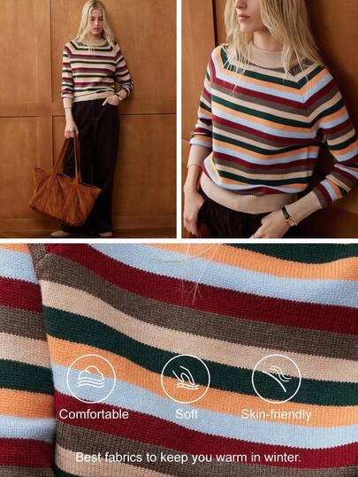 Écloséra French Retro College Casual Vacation Daily Commuting All-Match Inner Wear Multi-Color Stripes Contrast Orange Earth Tone Blue Long Sleeve Slim Autumn Women's Clothing Winter Women's Clothing Back To School Women's Clothing Business Casual Women's Round Neck Plain Sweater Single-Sided Woven Sweater Women's Sweater Fall Cloth For Women