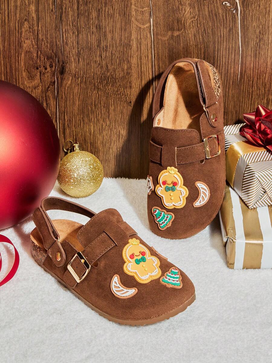 Mini mi Kids' Gingerbread Man & Christmas Tree Decor Suede Brown Clogs With Adjustable Hook-And-Loop Back Strap – Sweet, Cozy & Holiday-Perfect. - Brown - View 1