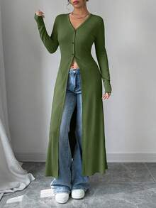 Rafferiza 女士休闲修身长袖单排扣衬衫 - 軍綠色 - 查看 3