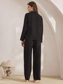 Ocili 100%纯棉天然舒适无弹提花梭织女士睡衣套装，长袖上衣和长裤，冬季服装 - 黑色 - 查看 3