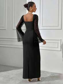 Rafferiza 女士仿珍珠喇叭袖修身优雅连衣裙，性感狂野派对礼服，欢迎秋季女士服装，秋季女装，秋季穿搭，秋季女装，秋季女士外出装，派对女士时尚连衣裙，奢华女士长袖婚礼宾客礼服 - 黑色 - 查看 2