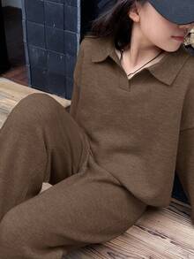DAZY 少女休闲落肩毛衣套装 - 棕色 - 查看 5