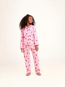 SUMWON Girls Pajama Set Long Sleeve Button Down Christmas Holiday Gift Present Print Sleepwear Winter For Casual And Vacation - Pink - View 5