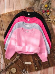 SHEIN Emery Rose Kids 4件套女童纯色保暖长袖卫衣，秋冬季百搭姐妹装卫衣套装，少女纯色卫衣，青少年可爱纯色卫衣 - 玫紅色 - 查看 1