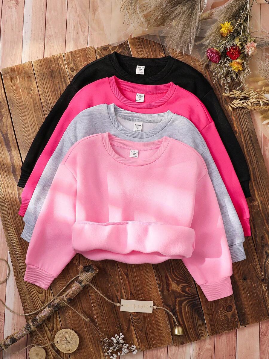 SHEIN Emery Rose Kids 4件套女童纯色保暖长袖卫衣,秋冬季百搭姐妹装卫衣套装,少女纯色卫衣,青少年可爱纯色卫衣 - 玫紅色 - 查看 1