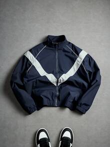 PAVTROS Men's Sports Outdoor Navy Blue Colorblock Jacket With Stand Collar Long Sleeve Woven Fabric And Pockets Regular Length Windbreaker Jacket Race Jacket Cropped Jacket Men S Windbreaker Jacket Track Jacket - Navy Blue - View 3