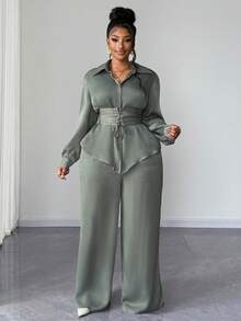 Maweii Bộ đồ vest hai mảnh thắt nơ eo cỡ lớn kèm quần ống rộng, trang nhã cho quý cô - màu xanh lá - Xem 4