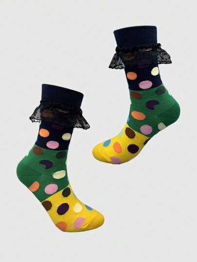 Kawaii Damen Socken mit Polka Punkt Muster, Mesh Einsatz und Rüschentrimm, süß