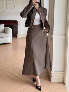 DAZY Women's Houndstooth Stand Collar Cardigan And Long Skirt 2 Pieces Casual Set - Khaki - View 2