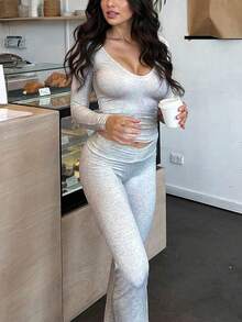 INAWLY Solva 2 件套女式纯色长袖修身 T 恤和裤子休闲套装 - 淺灰色 - 查看 6