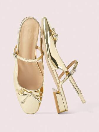 CUCCOO DOLLMOD Zapatos planos tipo Mary Jane con decoración de moño dorado, punta cuadrada y tira trasera, zapatos casuales ideales para ir a trabajar, citas, fiestas, compras, escuela, lindos y dulces