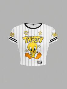 LOONEY TUNES X SHEIN Women's Slim Fit Striped & Cartoon Pattern Contrast Trim Short Sleeve T-Shirt - White - View 1