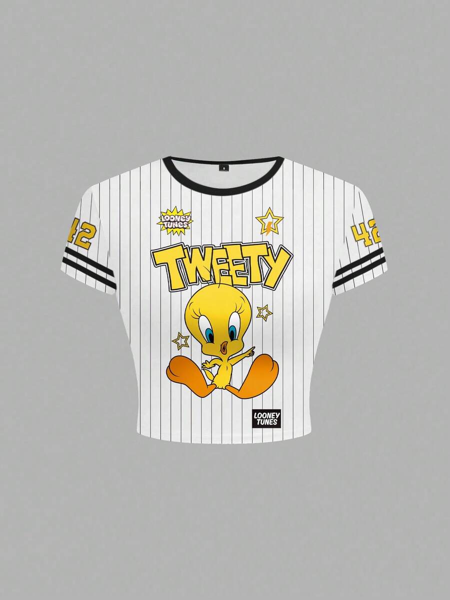 LOONEY TUNES X SHEIN Women's Slim Fit Striped & Cartoon Pattern Contrast Trim Short Sleeve T-Shirt - White - View 1