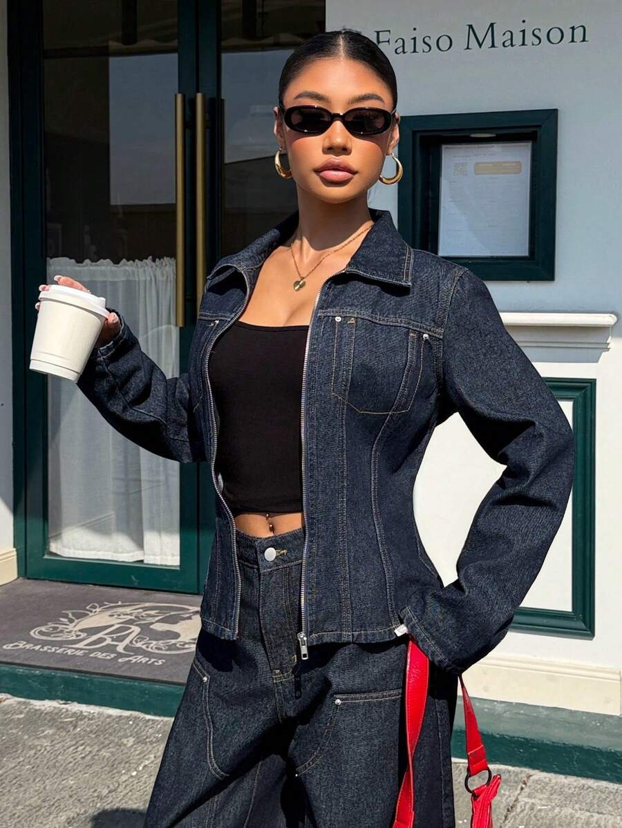 Muchica 女士时尚收腰牛仔外套 - 藍色 - 查看 1