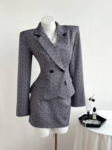 Elamini Women's Fashion Polka Dot Print Double-Breasted Blazer & Skirt Set - Grey - View 3