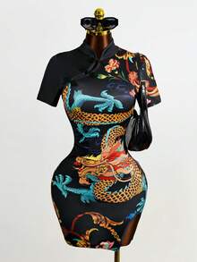 Mistrie New Chinese Style Dragon Patterned High Slit Sexy Cheongsam - Multicolor - View 1